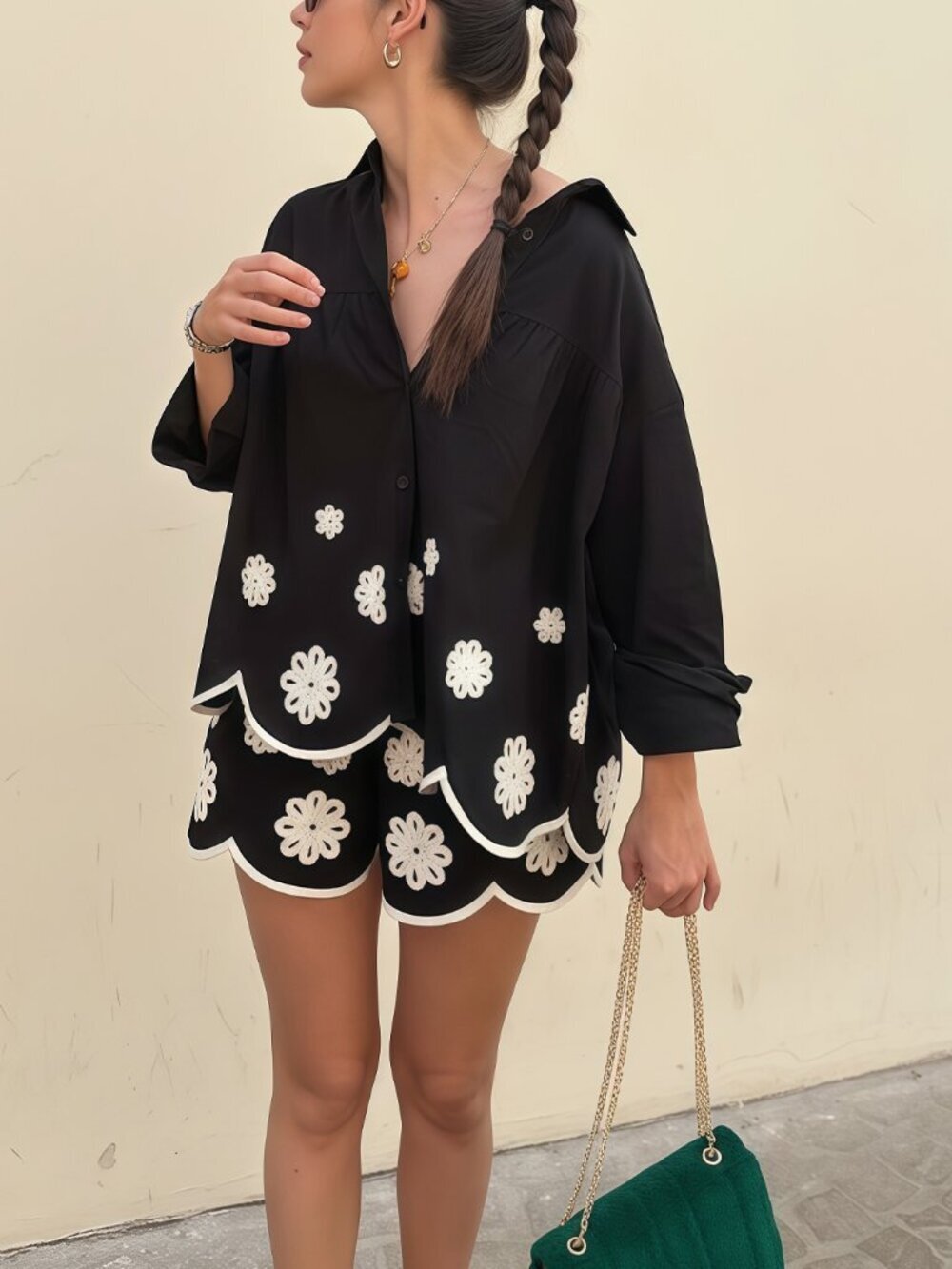 Black Boho Women's flower Embroidery V-Neck Cardigan and Shorts Set